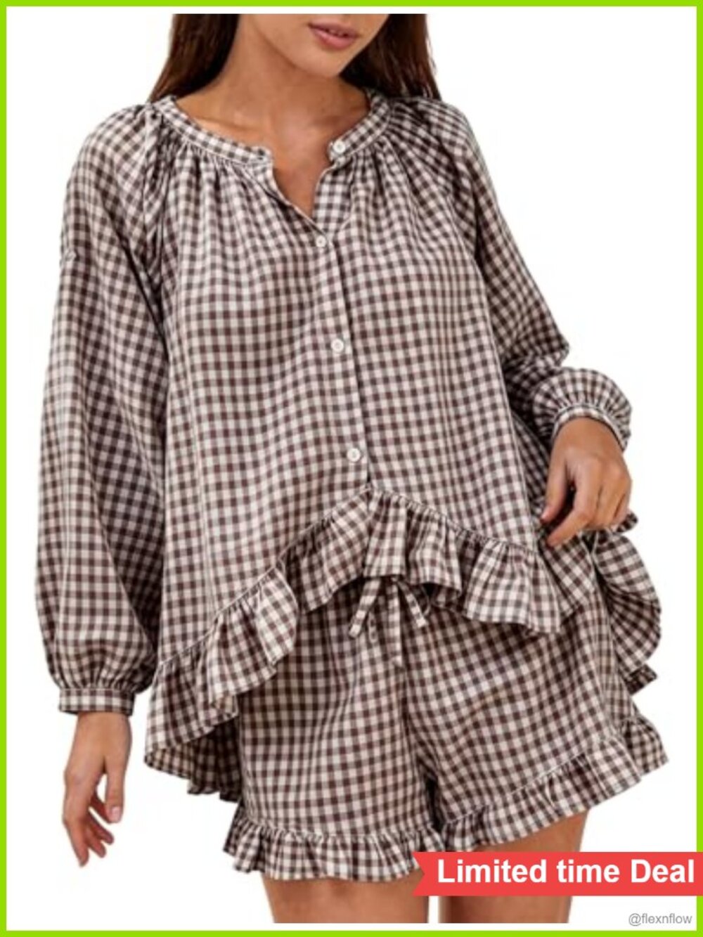 100% Cotton Gingham Pajama Set Ruffle Lounge 2 Piece